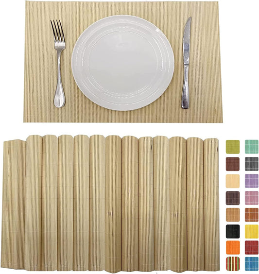 ANDSTAR Set of 12 Pcs Bamboo Placemats Sushi Rolling Mat Japanese Style Natural Anti-Slip Bamboo Placemats Washable Heat-Resistant Table Mats for Dining Room and Kitchen（ Natural Color）