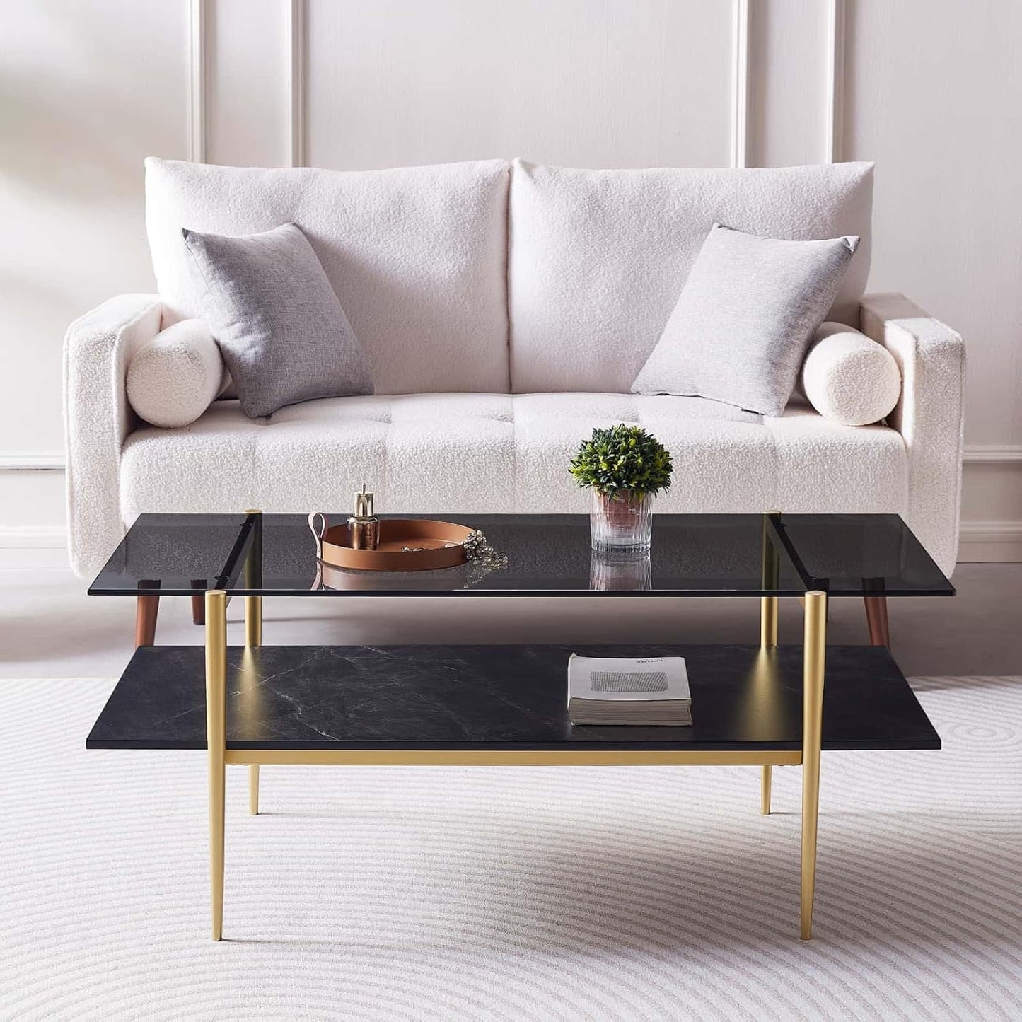 Rectangle Coffee Table for Living Room, Mid-Century Modern Design, L41 x W21 x H17, 2-Tier Structure, Clear Glass Top and Black Marble Wood Shelf, Conical Metal Legs with Gold Finish