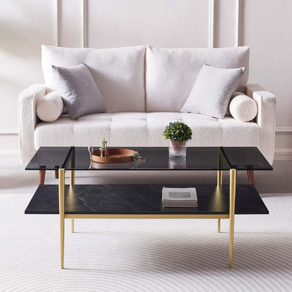 Rectangle Coffee Table for Living Room, Mid-Century Modern Design, L41 x W21 x H17, 2-Tier Structure, Clear Glass Top and Black Marble Wood Shelf, Conical Metal Legs with Gold Finish