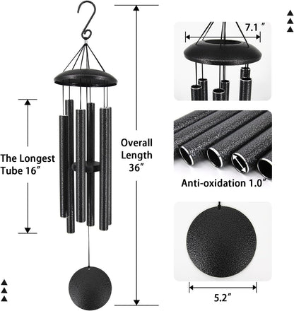 Sympathy Memorial Wind Chimes, 36' with 6 Metal Tubes, Outdoor Deep Tone for Garden, Christmas Hanging Decor - Black Grey