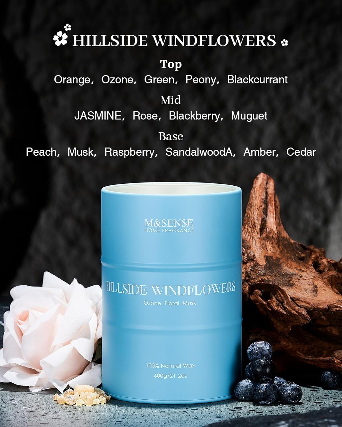 M&SENSE White Flowers Large Natural Scented Candle, 120 Hours Long Lasting Soy Candle 21.2oz, Stress Relief Floral Aromatherapy Candles for Women, Valentines Day Gifts for Her