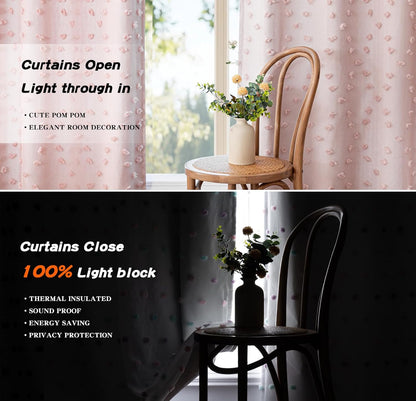MYSKY HOME 100% Blackout Curtains for Girls Bedroom 95 Inch Long Total Room Darkening Curtain for Living Room 2 Panels Grommet Light Blocking Sliding Door Drapes Blush Pink Pom Pom Sheer 52 x 95 Inch