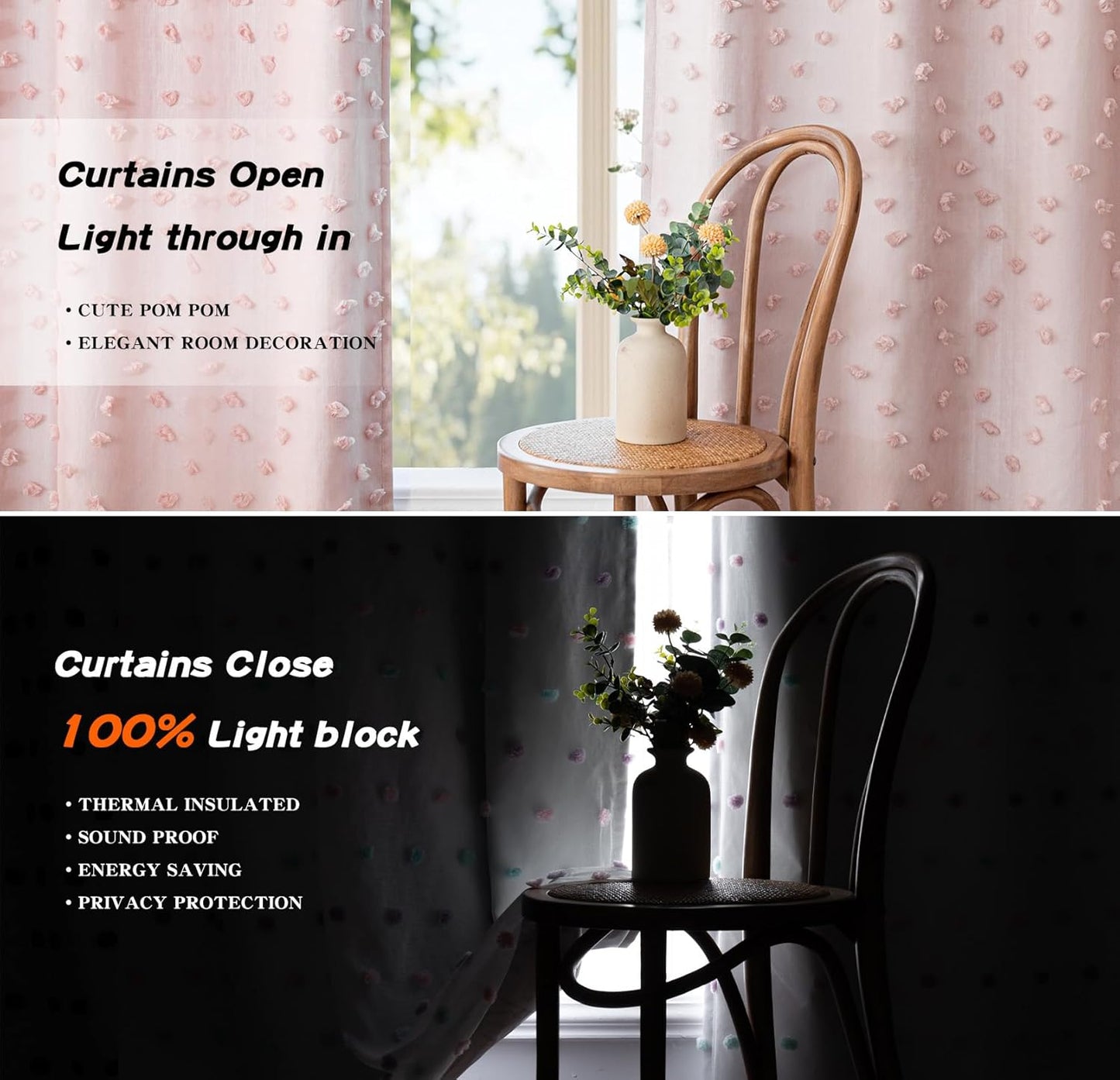 MYSKY HOME Blush Pink Pom Pom Blackout Curtains for Girls Bedroom 63 Inch Long 100% Room Darkening Curtain for Kids Room 2 Panels Small Window Treatment Grommet 2 Layered Drapes Toddler 52W x 63L