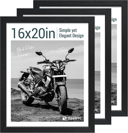 16x20 Picture Frame Set of 3 - Black Woodgrain, Solid Wood, HD Tempered Glass, Wall Gallery Poster Frame