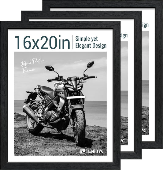 16x20 Picture Frame Set of 3 - Black Woodgrain, Solid Wood, HD Tempered Glass, Wall Gallery Poster Frame