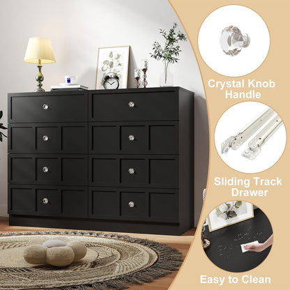 Wood Dresser for Bedroom 8 Drawer: 47" Black Chest of Drawers Wood, Modern Fluted Cabinet with Sturdy Storage, Wide Aesthetic Furniture for Room Organization
