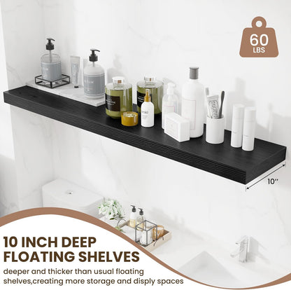 Fun Memories 55 Inch Fireplace Mentel Shelf, 10 Inch Deep Shelves for Display & Wall Storage, Rustic Wood Wall Shelf, Extra Long Floating Shelves for Living Room Laundry Room, Black, Set of 1