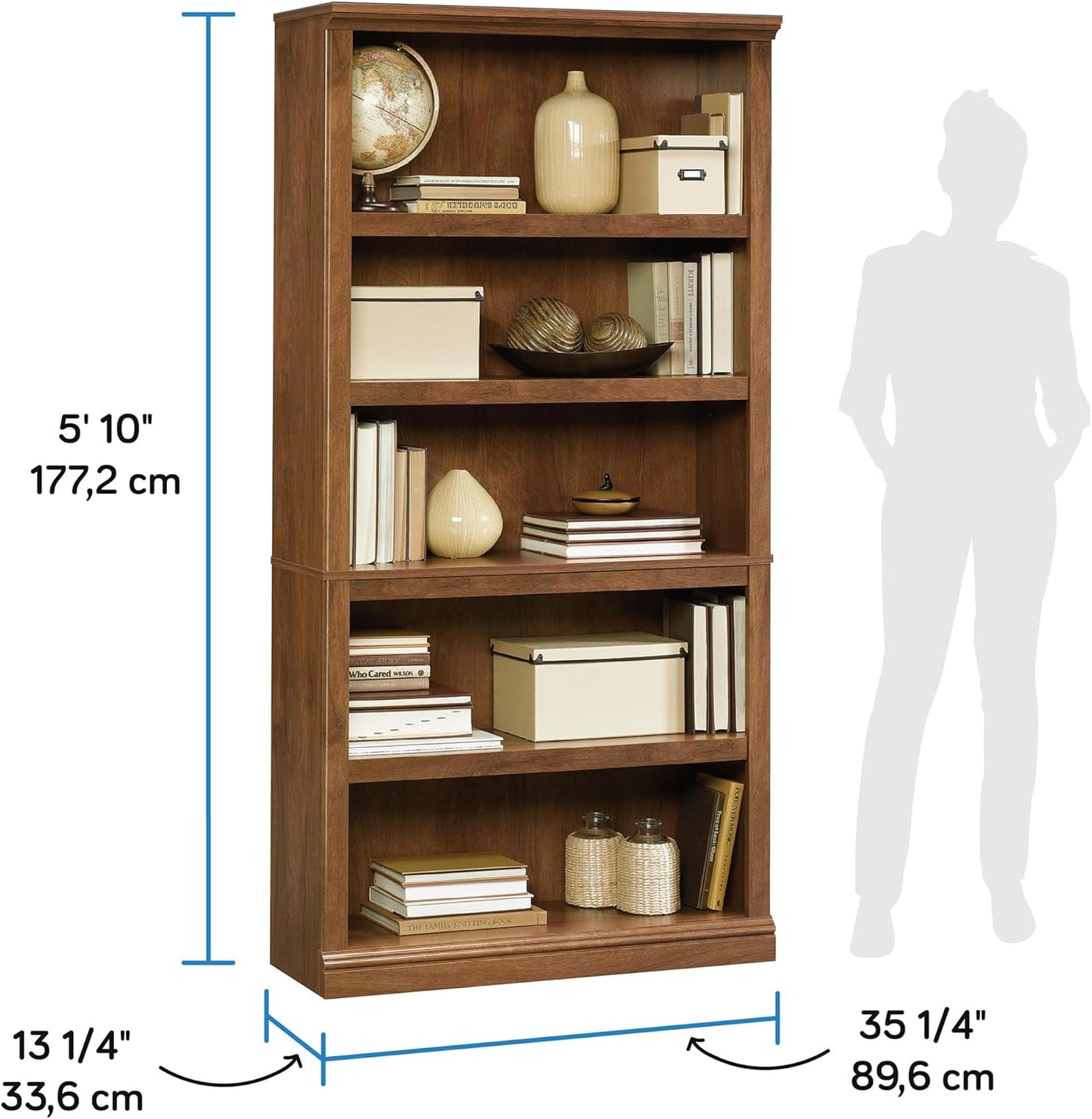 Sauder Miscellaneous Storage 5 Split Bookcase/Book Shelf, L: 35.28" x W: 13.23" x H: 69.76", Oiled Oak finish