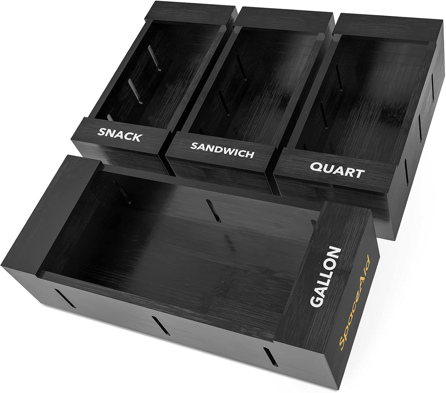 SpaceAid Bag Storage Organizer for Kitchen Drawer, Bamboo Organizer, Compatible with Gallon, Quart, Sandwich and Snack Variety Size Bag (4 Pack), Black