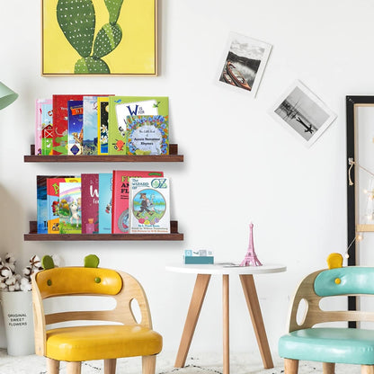 AZSKY Floating Book Shelves Wall Mounted Photo Shelf Picture Ledge Deep Walnut Display Shelves for Home Living Room Bedroom Bathroom Office Set of 2