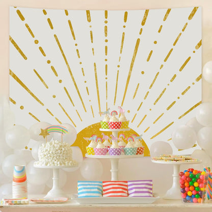 Kanuyee Gold Boho Burning Sun Tapestry Wall Hanging, Retro 70s Abstract Vintage Geometric Line Sunrise Tapestries for Bedroom Living Room Backdrop 36×48 inch