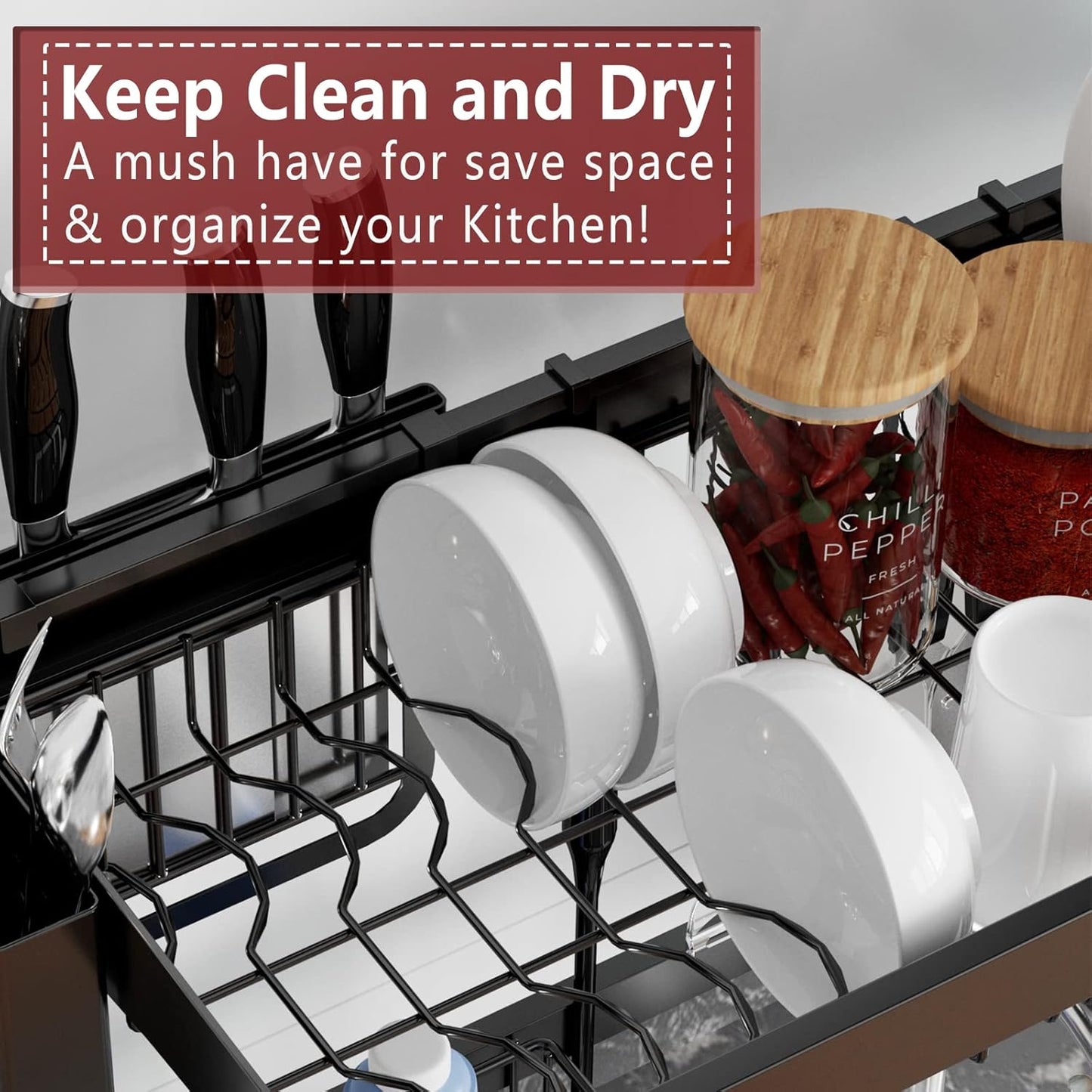 VNKZI Over Sink Dish Drying Rack, 2 Tier Full Stainless Steel Storage Adjustable Length (25.98'' to 36.61'') Kitchen Rack, Multifunctional Expandable Counter Organizer, Space Saver Dish Rack