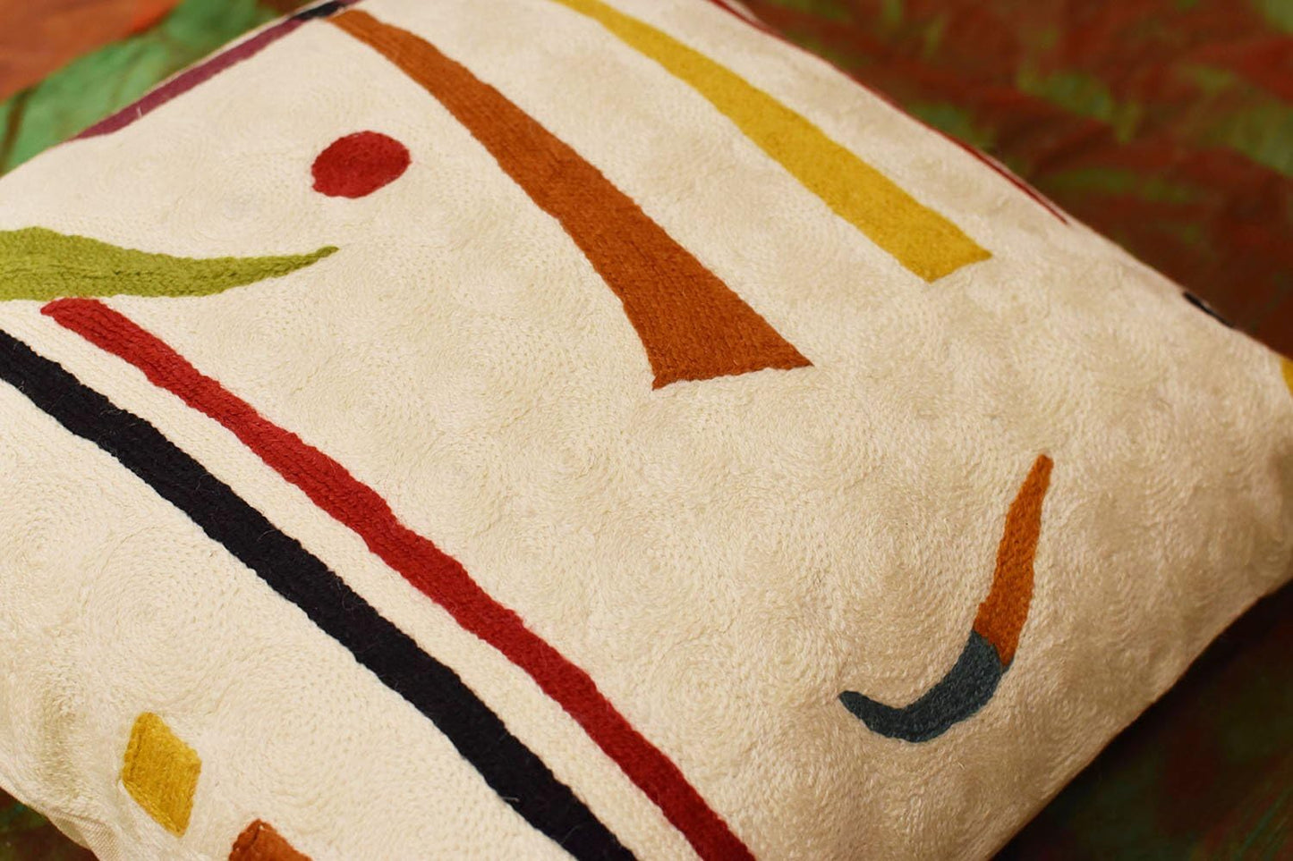 Kandinsky Contemporary Throw Pillow Cover - Cream | Modern Pillow Cases | Abstract Throw Pillows | Modern Boho Pillow | Abstract Chair Cushions | Hand Embroidered Cushion | Wool Size 18x18
