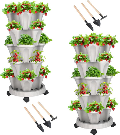 DUNCHATY Stackable Planter, Vertical Garden Planter with Wheels and Garden Tools, Strawberry Planter Indoor/Outdoor 5 Tier Herb Planter Pots for Growing Vegetables and Succulents,Gray
