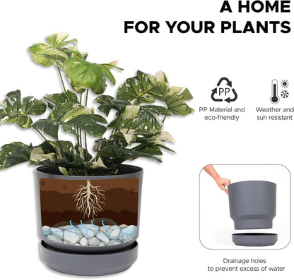 Elly Décor 10 inch Plastic Cylinder Planter Pot with Self-Watering Saucer and Drainage Hole,Lightweight & Extremely Durable, 10"x 10", Gray