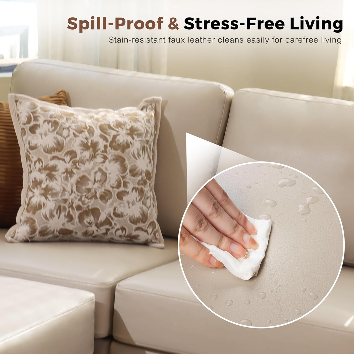 118.5" Faux Leather Modular Sectional Sofa, 7 Seater U Shaped Couch with Storage Seat with Reversible Chaise Deep Seat for Living Room Whitesand