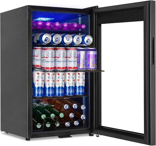 Beverage Refrigerator Cooler, 128 Cans 3.2 Cu.Ft Mini Fridge Glass Door for Drink Beer Soda Wine, Small Fridge with 4 Adjustable Removable Shelves for Kitchen, Bedroom, Office, Bar, Gaming Room, Black