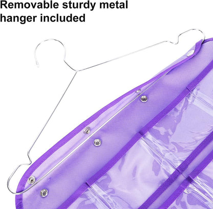 Dual Sided Hanging Organizer for Jewelry Makeup Storage Closet Organizers for Bows Socks Underwear with 42 Clear Pockets (PURPLE)