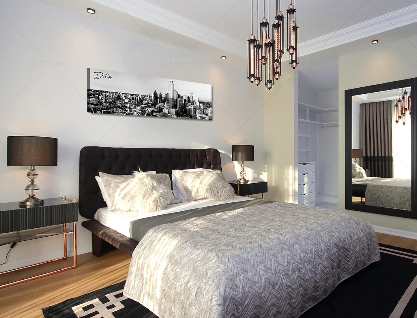 Black and White Wall Art Dallas Skyline Cityscape Skyscrapers Canvas Print Painting Landscape Texas City Buildings Pictures Modern Artwork for Man Room Office Living Room Decoration 13.8"x47.3"