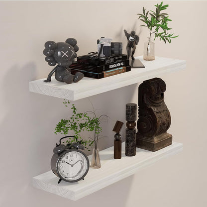 BGMG Wood Floating Shelves 24 inch Long,Rustic Solid Wooden Deep Wall Shelves for Bathroom Living Room Bedroom Kitchen Farmhouse Set of 2-24x6.7x1.25 inch-White