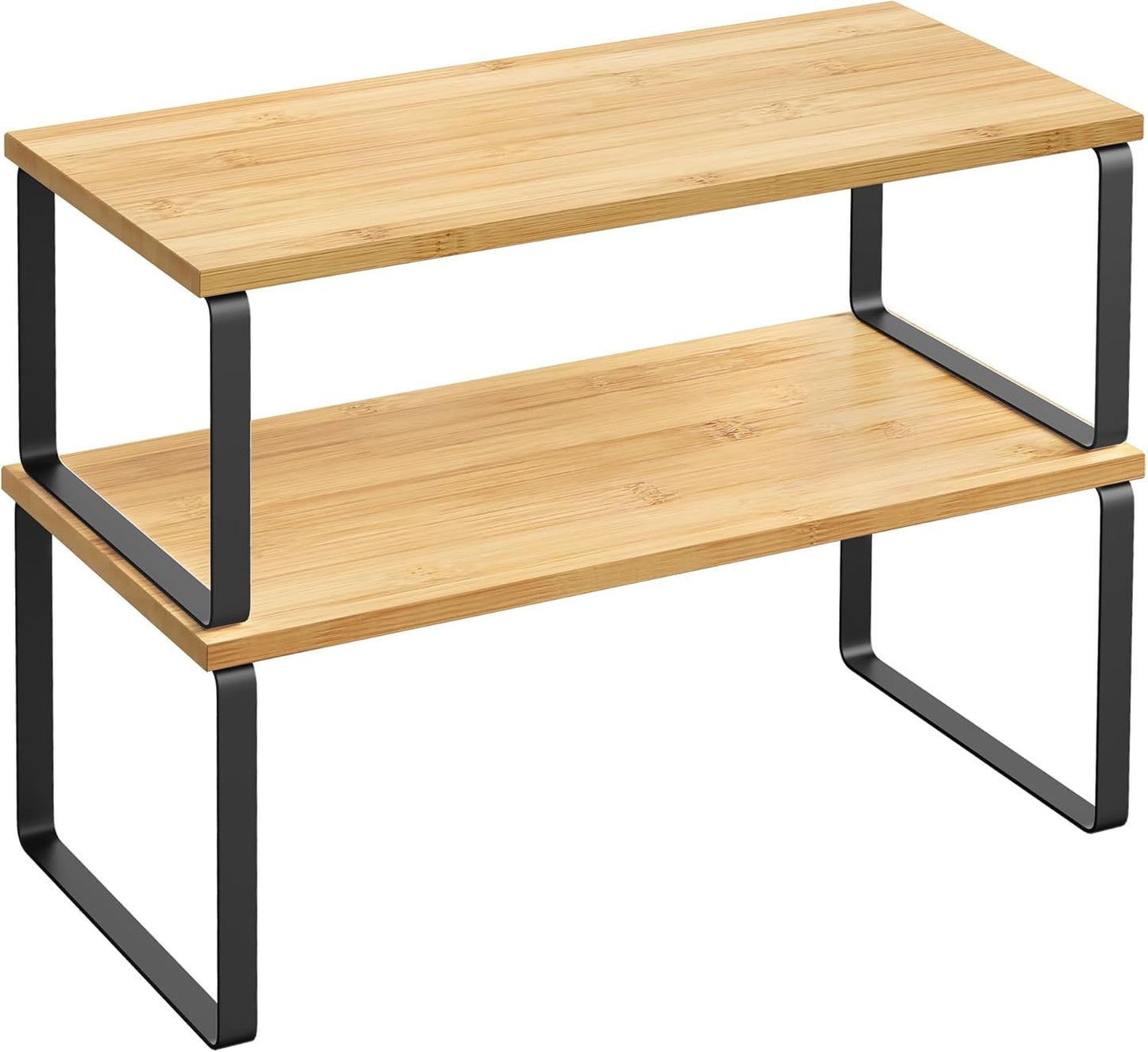 SONGMICS Cabinet Organizer Shelf, Set of 2 Kitchen Counter Shelves, Kitchen Storage, Spice Rack, Stackable, Expandable, Metal and Engineered Wood, Ink Black and Natural Beige UKCS200B01