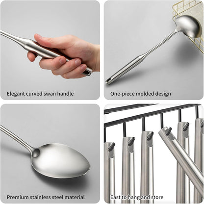 304 Stainlss Steel Kitchen Utensils Set, 11 Pcs Long Metal Cooking Utensil Gadgets Tools Set with Spatula, Ladle, Spoon, Ladle, Skimmer, Tunner, Pasta Server, Tongs(Silver, Dishwasher Safe)