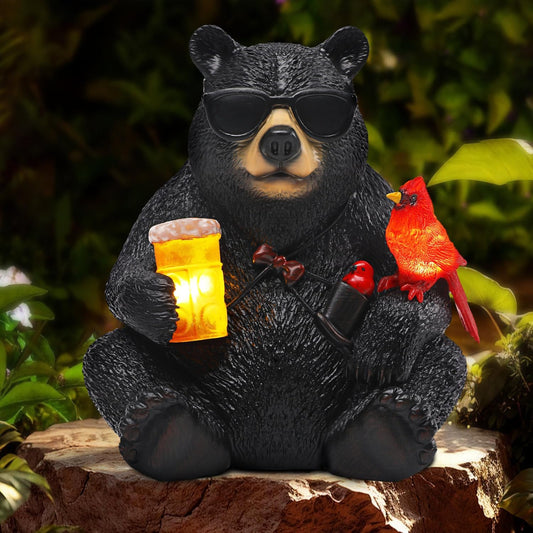 Solar Black Bear Statue for Garden with Beer and Cardinals 6.3" Resin Garden Statues for Outside