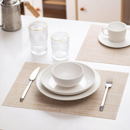 LEXMORE Placemats Set of 6 Vinyl/Plastic Woven Place Mats for Kitchen Table Indoor/Outdoor Washable Placemat Wipeable Dining Table Mats(A-Beige)