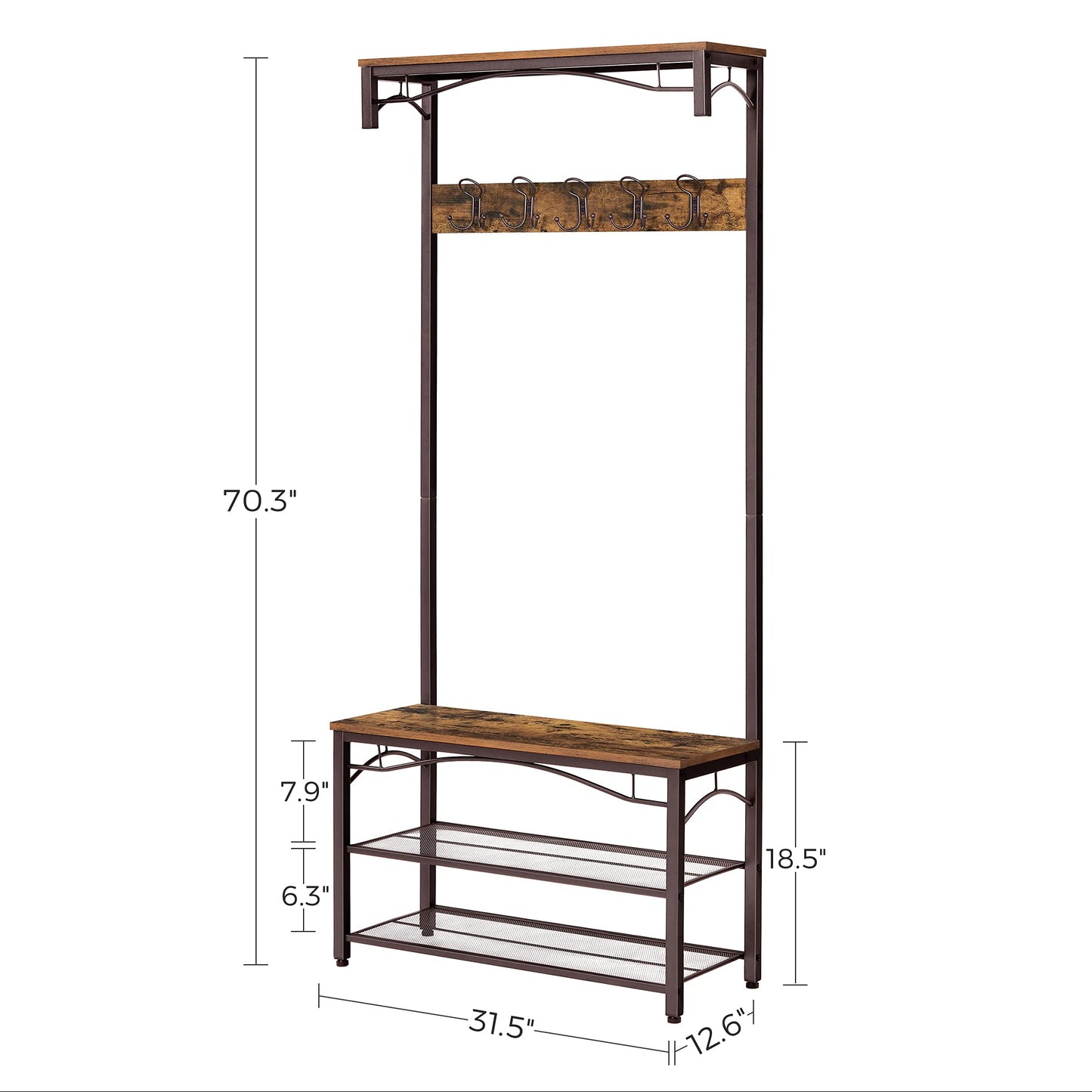 VASAGLE Coat Rack, 3-in-1 Hall Tree, Entryway Shoe Bench Coat Stand, Storage Shelves Accent