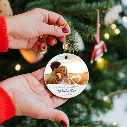 Our First Christmas Married Ornament, Personalized Photo Christmas Ornament 2025 for Newlyweds, Couple Just Married Ornament, Customized Wedding Gifts for Couples Him Her
