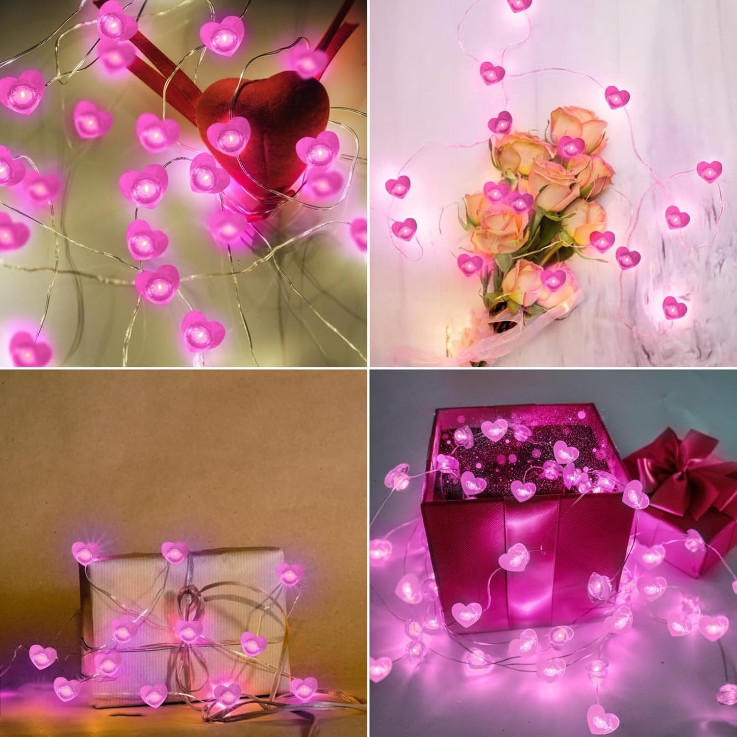 10FT Pink Heart Fairy Lights Battery Operated with Timer for Mothers Day Decoration, LED String Light Indoor Outdoor Waterproof Twinkle Light for Christmas Proposal Anniversary Valentines Party Decor