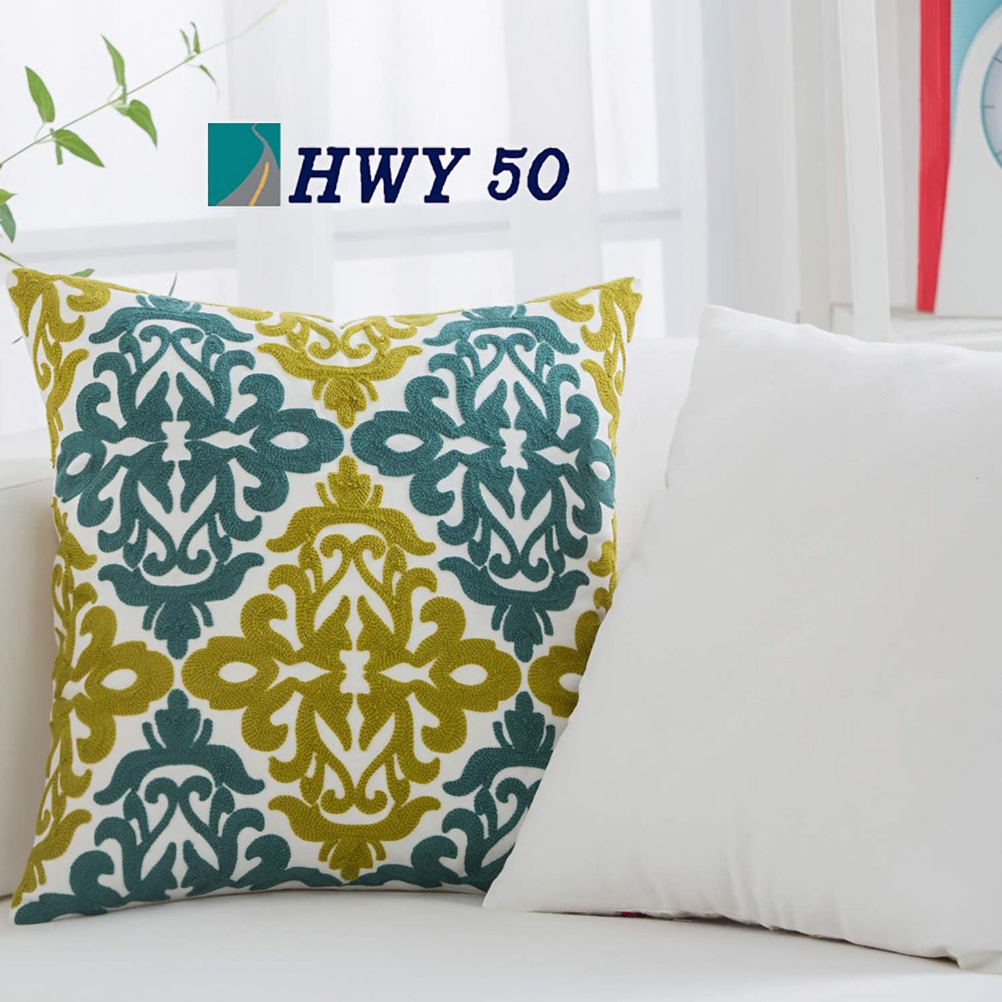 HWY 50 Decorative Throw Pillow Covers 18x18 Inch (1 Piece), Embroidered Cotton Farmhouse Cushion Cover Pillow Case for Sofa Couch Living Room Bed Bedroon, Blue and Green Floral Geometric