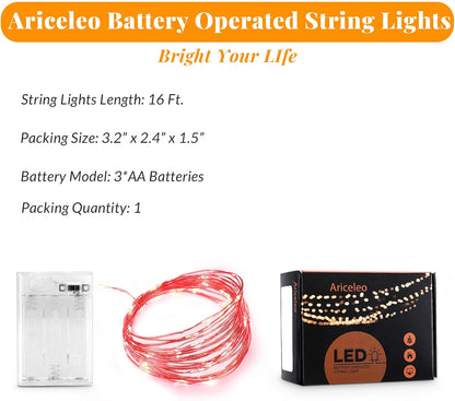 Led Fairy Lights Battery Operated, 1 Pack Mini Battery Powered Copper Wire Starry Fairy Lights for Bedroom, Christmas, Parties, Wedding, Centerpiece, Decoration (5m/16ft Red)