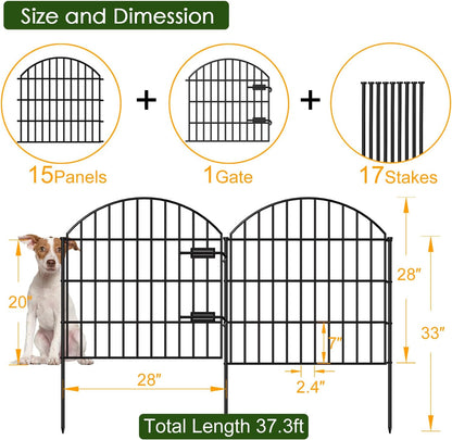 Metal Garden Fence with Gate 28in (H) x 37.3ft (L), 1 Gate + 15 Panels Dog Fences Border Fence Animal Barrier, No Dig Garden Fencing for Yard Backyard Landscape, ECG2816G Black