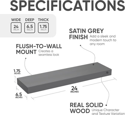 Homeforia 24inch Gray Floating Shelves for Wall, High End Solid Real Wood 24in Floating Shelf for Bathroom, Grey Wooden 24 inch Long Floating Shelves, Heavy Duty Bracket, 24 X 6.5 X 1.75 in, Set of 2