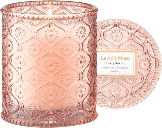 LA JOLIE MUSE Cherry Sakura Candle - Cherry Blossom, Rose, Sandalwood | 6 oz Natural Soy Wax | 40
