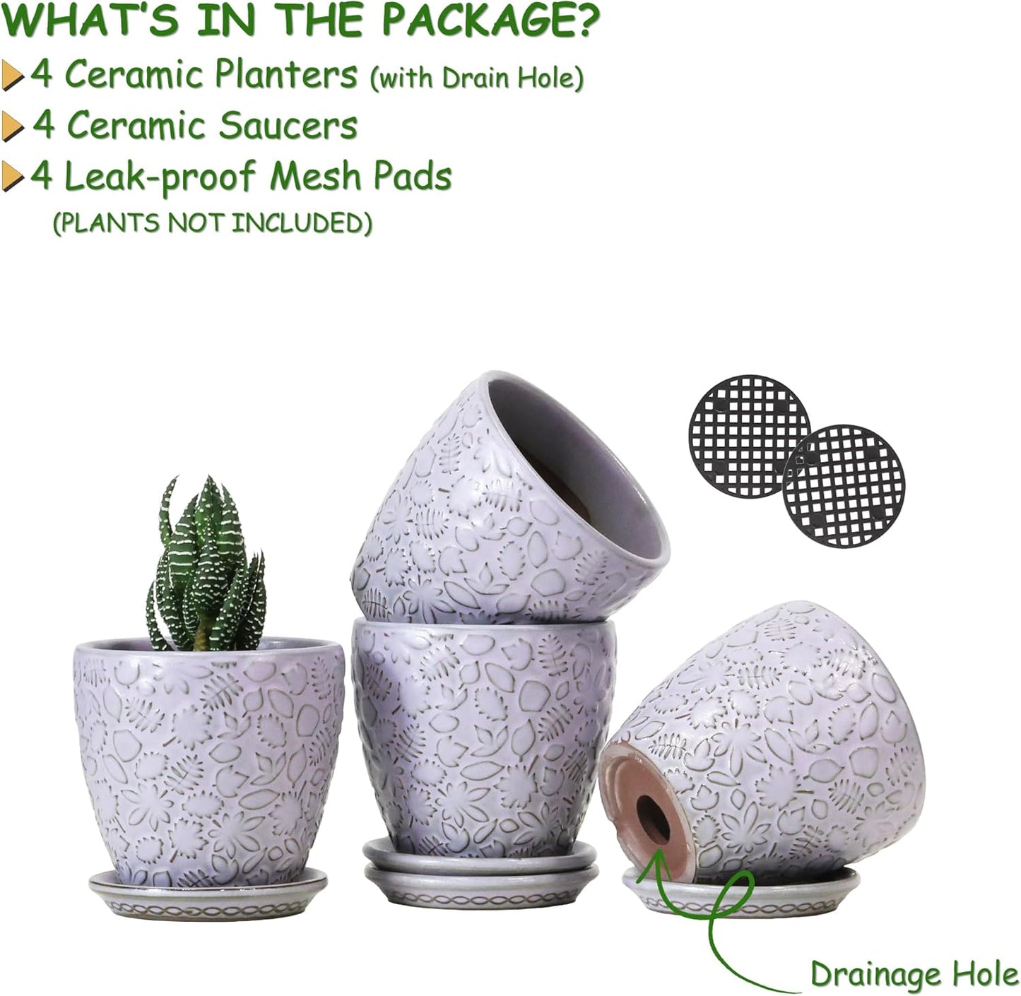 4 Inch Retro Ceramic Planter Set of 4 with Drainage Hole and Saucer for Plants, Indoor-Outdoor Small Garden Pots for Succulent, Herb and Flower (Fits Inner Pots Up to 3 Inch, Retro Purple)