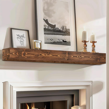 56x8x5 Fireplace Mantel - Handcrafted Hollow Rustic Solid Wood Wall Mounted Floating Shelf with Invisible Heavy Duty Wood Bracket (Weathered Brown)