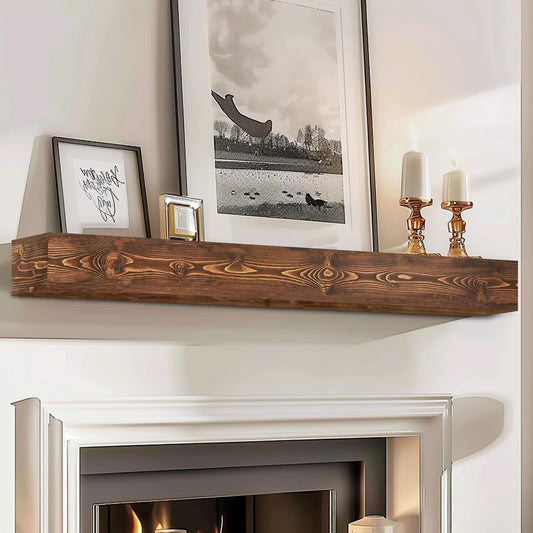 56x8x5 Fireplace Mantel - Handcrafted Hollow Rustic Solid Wood Wall Mounted Floating Shelf with Invisible Heavy Duty Wood Bracket (Weathered Brown)