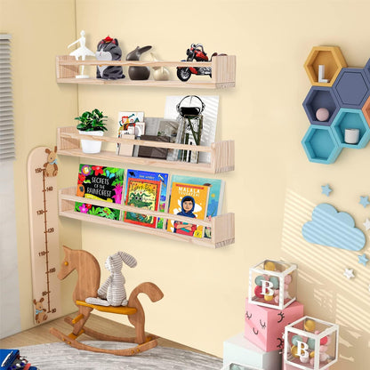 AZSKY Natural Wood Nursery Shelves Floating Wall Book Shelves Nursery Kids Baby Toddler Room Décor 36 in Bookshelf for Toy Picture Display a Set of 3 Same Sizes