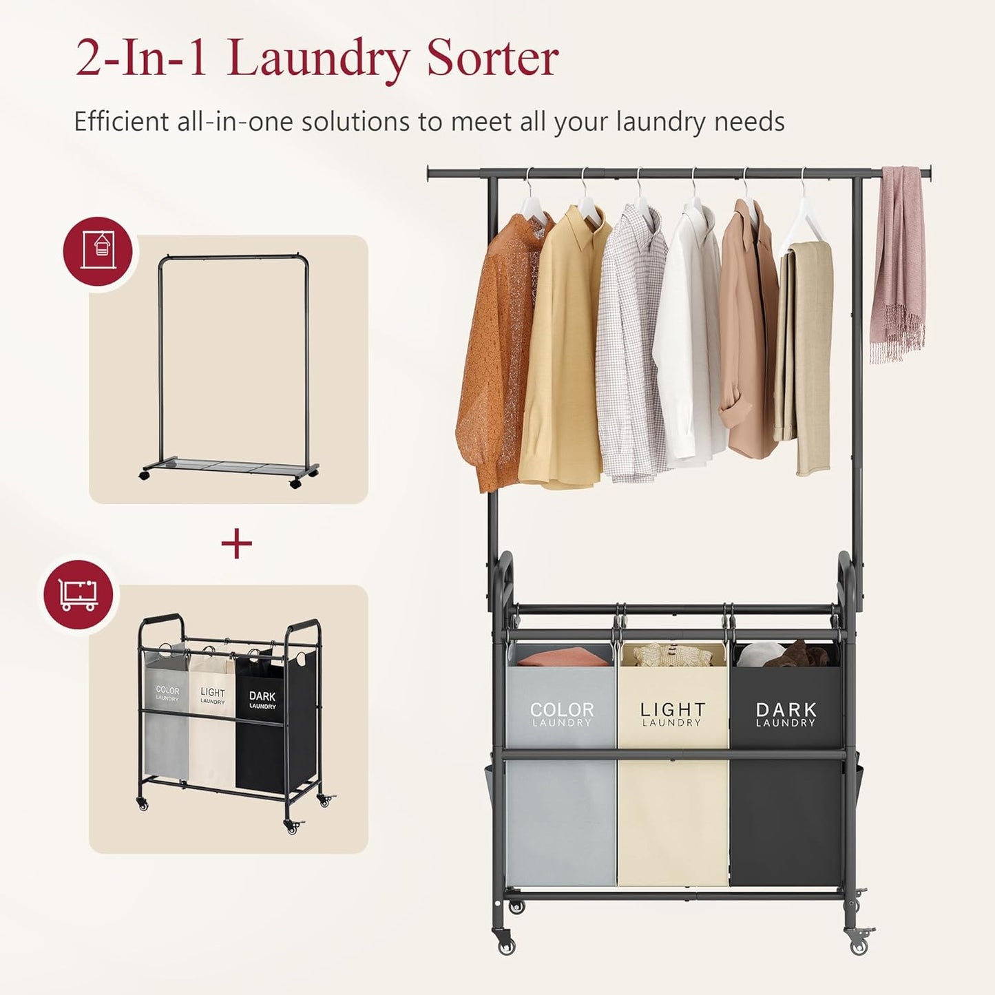 Tajsoon Laundry Sorter Cart with Hanging Clothes Rack, 3 Butler Sorter Basket Organizer, Laundry Hamper Cart with Heavy Duty Rolling Lockable Wheels, 3 Colors