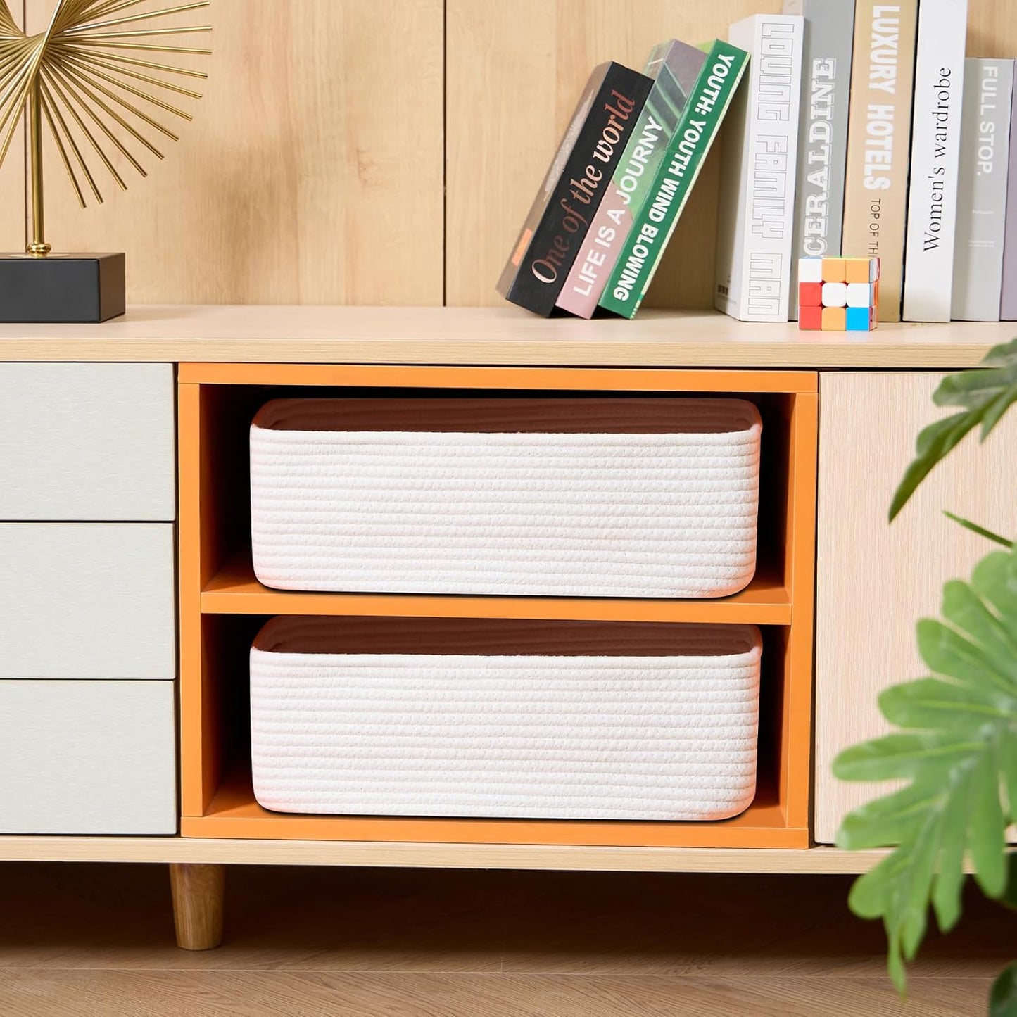 Large Shallow Organizing Baskets 15x11x5.1 Inches - Rope Woven Storage Bins for Bathroom, Shelves, Cube Closet, Off White 2 Packs