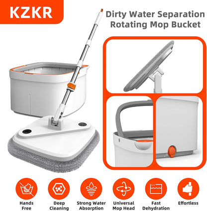 KZKR Spin Mop and Bucket Set with Self Separation Dirty and Clean Water System, Self Wringing 360° Rotating Square Mop Head for Home Floors Cleaning (1.0 Mop and Bucket Set (8 Pads))