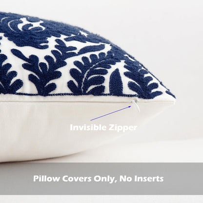 HWY 50 Navy Blue Decorative Throw Pillow Covers 18x18 Inch (1 Piece), Embroidered Cotton Farmhouse Cushion Cover Pillow Case for Sofa Couch Living Room Bed Bedroon, Floral Branches
