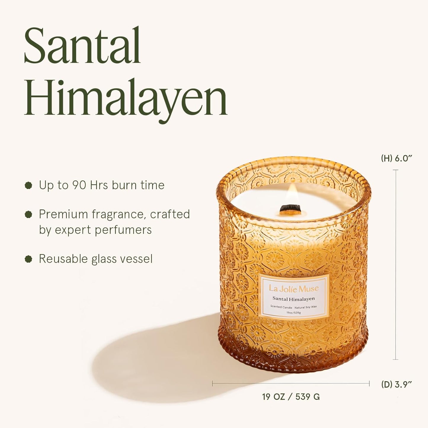 LA JOLIE MUSE Santal Himalayen Candle - Sandalwood, Fig & Amber |19 oz Large Wooden Wick Candle | Natural Soy Wax | 90 Hours Clean Burn | Gift-Ready for Hosts & Gatherings | Elegant Home Décor