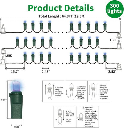 Blue Wide Angle LED Christmas Lights, 64.8 Ft 300 Count, Pack of 3 Strands 21.9 Ft 100 Lights UL Certified Commercial Grade Green Wire 5mm Holiday String Light