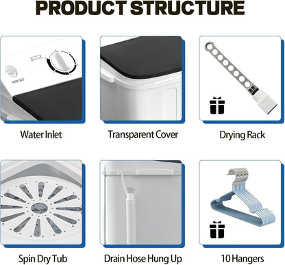 Portable Mini Twin Tub 18lbs Washing Machine With Drying Rack& 10 Hangers, 11lbs Washer & 7lbs Spinner, Small Laundry Washer with Time Control for Camping, Apartments, RV (18lbsBlack)