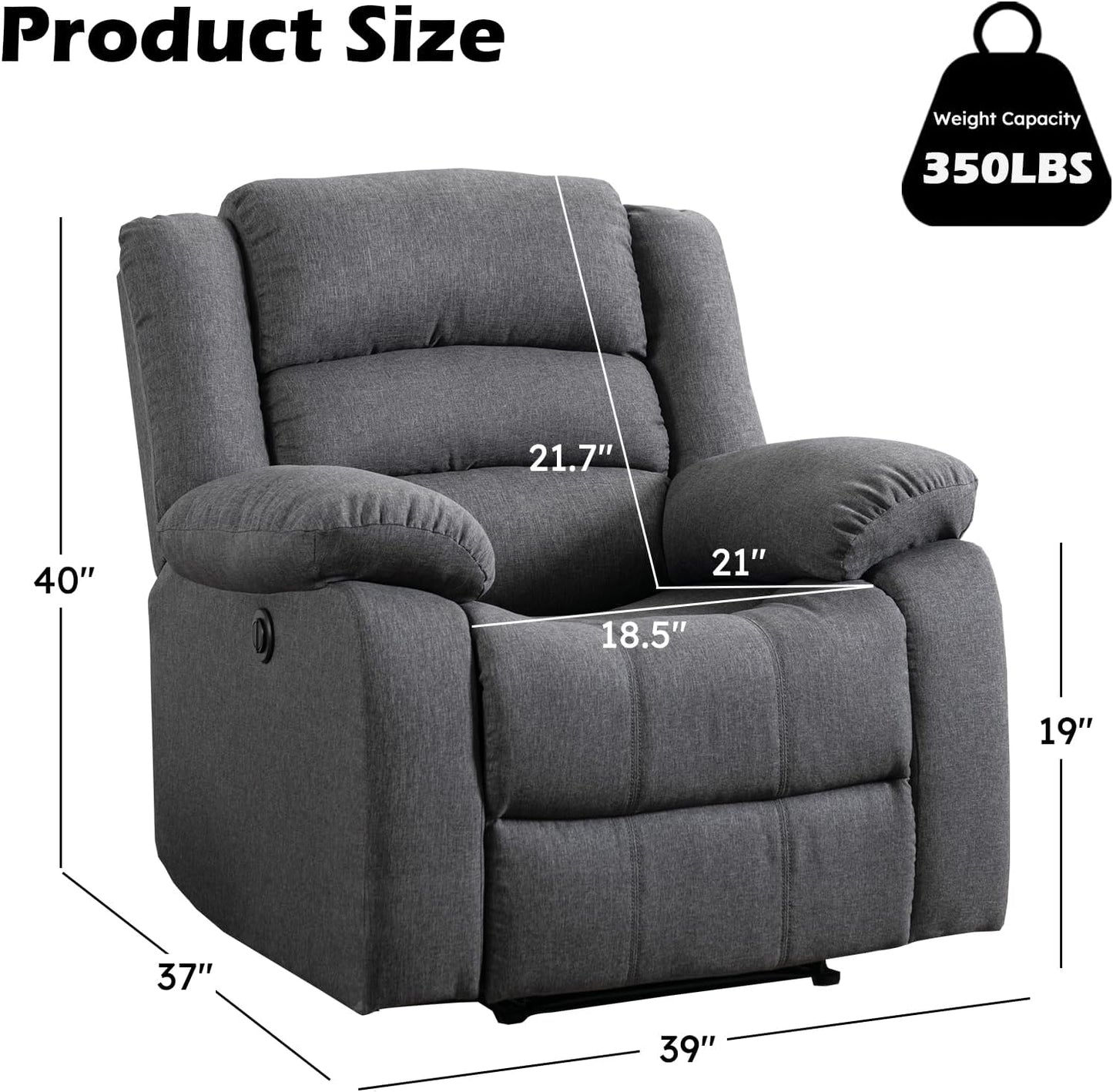 EBELLO Classic Power Recliner Chair, Oversized Electric Reclining Chair with Overstuffed Cushion and Back, Soft Fabric Adults Single Recliner Sofa for Living Room, Grey