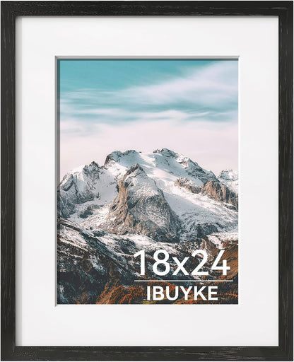 IBUYKE 18x24 Picture Frame,Solid Oak Wood 18x24 Photo Frame with Mat to 16x20,18x24 Picture Frames With Tempered Glass,Wall Mount Display,Home Decor,Black Oak 24 x 18 Frame,UWPF1824B