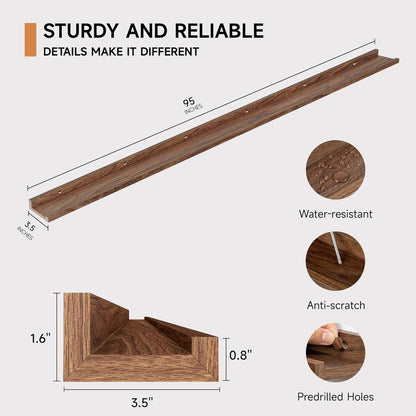 Floating Picture Ledge Shelves for Wall Set of 2, 95 Inches Picture Ledge Shelf with Long Large Nursery Book Shelf for Toys Storage Kids Bookshelf Wall Mounted Living Room Bedroom Decor Frames, Walnut